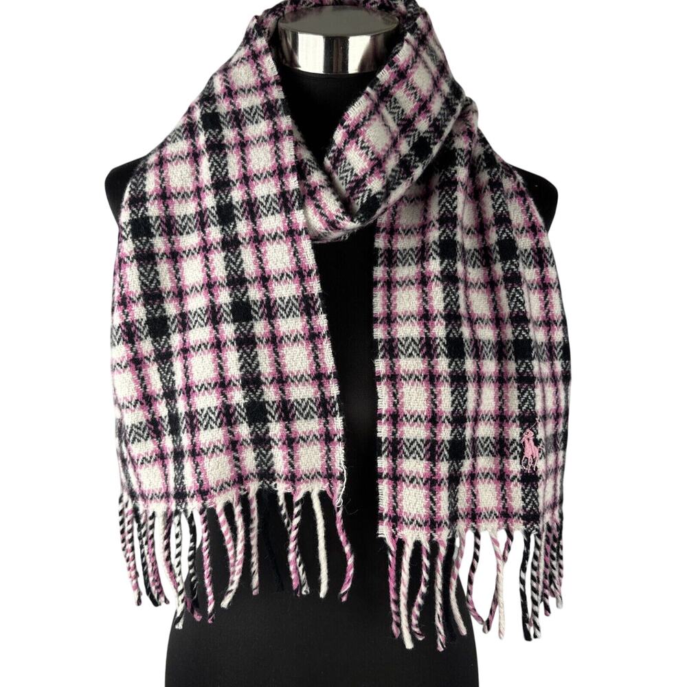 Ralph Lauren Blue Label Pink Black White Plaid Scarf Lambswool Fringe Made Italy